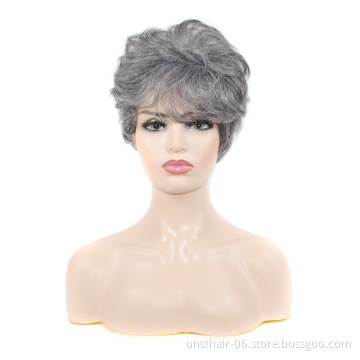 Onst Women lolita Cosplay Wig Hair Puffy Bangs Grey Ombre Synthetic Short Pixie Layered Curly Heat Resistant For Men White